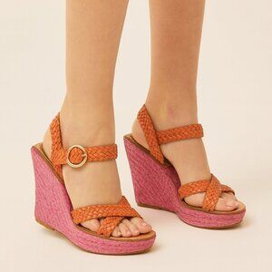 Diane von Furstenberg Pink Woven Wedge Orange Leather Straps Sandals Size 7M